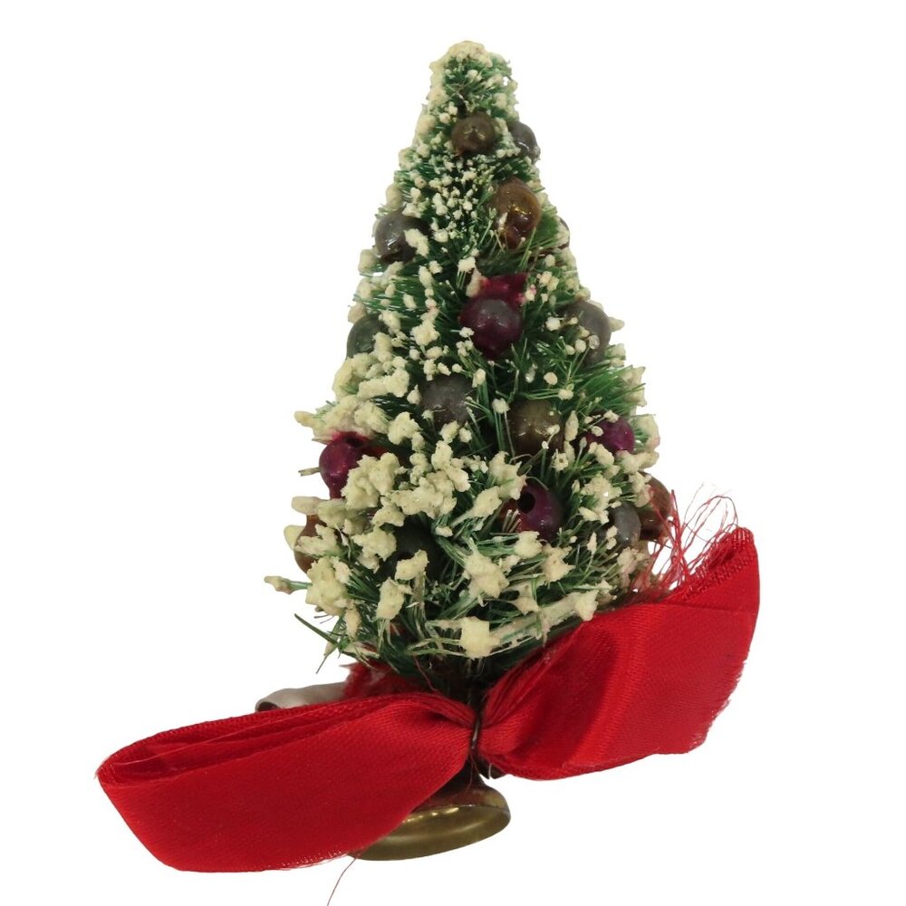 VTG Green Flocked Bottlebrush Christmas Tree Glass Bulbs Bells Brooch Pin Retro